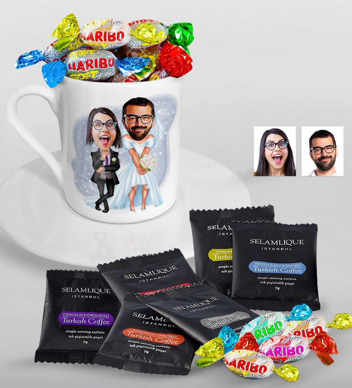 Kişiye Özel Sevgililer Karikatürlü Türk Kahvesi Fincanı Selamlique Karışık Türk Kahvesi ve Haribo Şeker Hediye Seti-16
