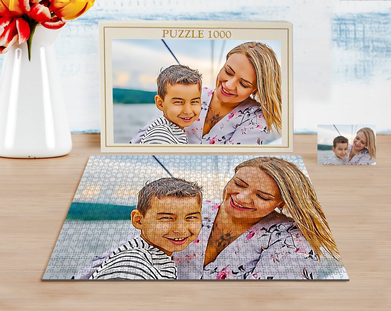 Kişiye Özel Tam Boy Anne ve Oğul Karikatürlü 1000 Parça Profesyonel Puzzle-1