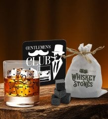 BK Gift Kişiye Özel Viski Bardağı Ahşap Bardak Altlığı ve 6’lı Granit Viski Taşı Hediye Seti - Model 15