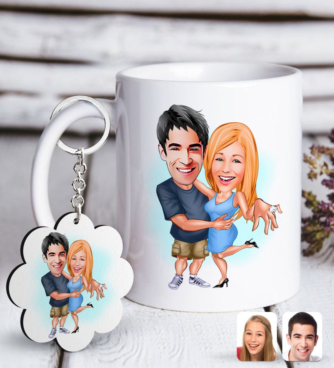 Kişiye Özel Sevgililer Karikatürlü Beyaz Kupa ve Anahtarlık Hediye Seti-14
