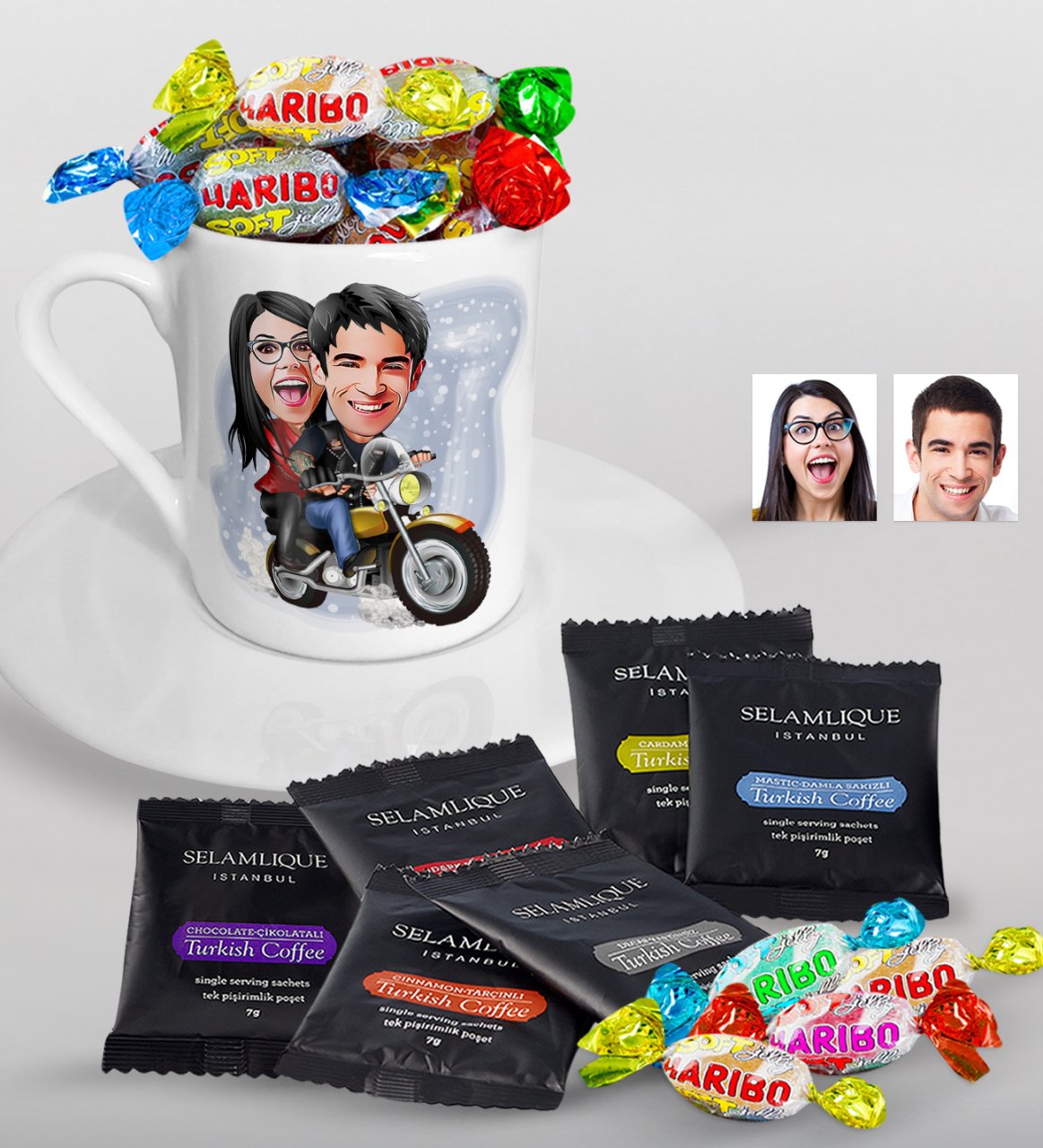 Kişiye Özel Sevgililer Karikatürlü Türk Kahvesi Fincanı Selamlique Karışık Türk Kahvesi ve Haribo Şeker Hediye Seti-17