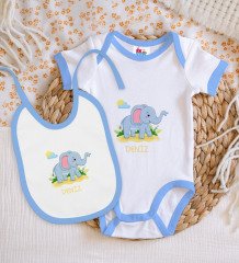 BK Kids Kişiye Özel İsimli Mavi Bebek Body Zıbın ve Mama Önlüğü Hediye Seti-19