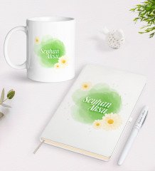Kişiye Özel Kadınlar Günü Tasarımlı Beyaz Defter Kalem ve Kupa Seti-14