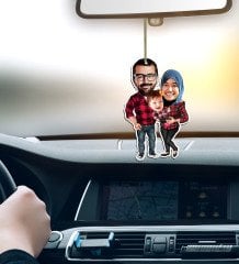 Kişiye Özel Aile Karikatürlü Ahşap Araba Dikiz Ayna Süsü-2