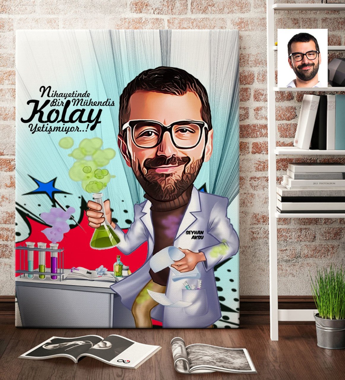 Kişiye Özel Bay Kimya Mühendisi Karikatür Kanvas Tablo (70 x 100 cm.) 1
