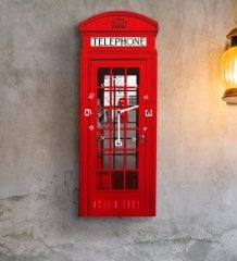 Kişiye Özel Londra Kırmızı Telefon Kulübesi Tasarımlı Ahşap Duvar Saati (Model 1-1)