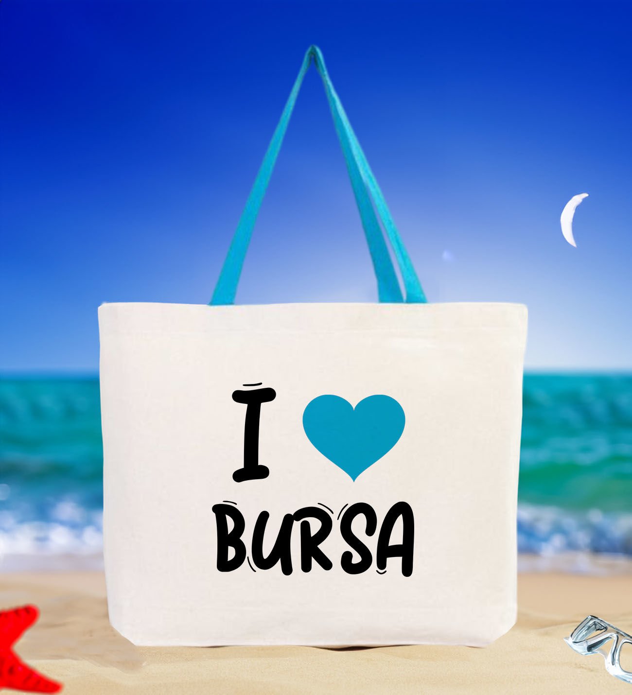 BK Gift I Love Bursa Turkuaz Renkli Kulp Kanvas Plaj Çantası 48x40m, Baskılı Omuz Çantası, Alışveriş Çantası