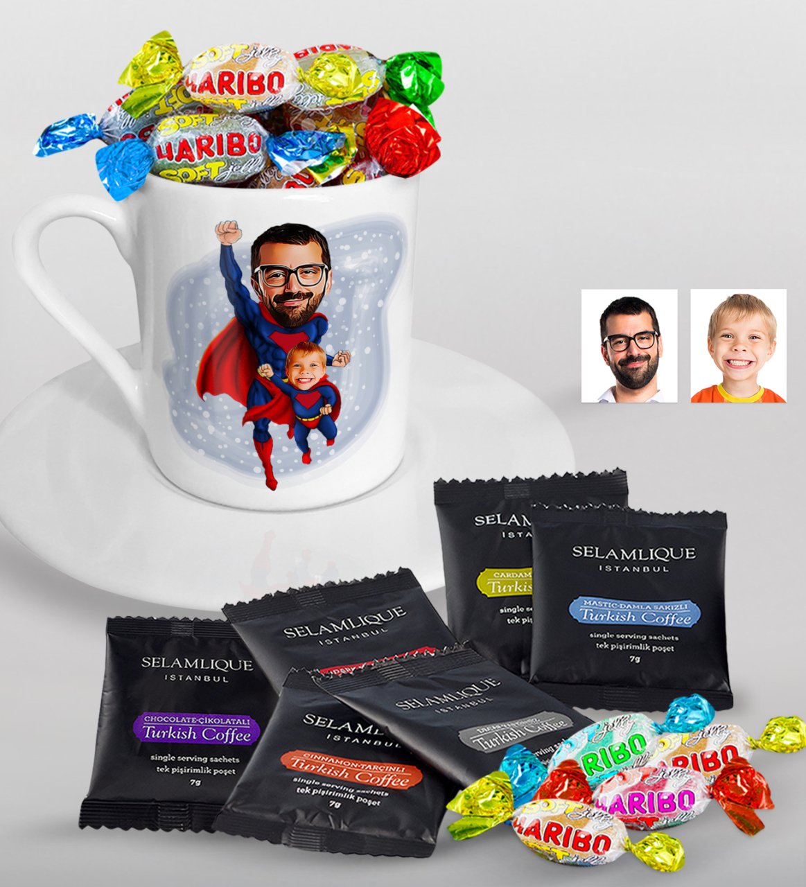 Kişiye Özel Süper Baba-Çocuk Karikatürlü Türk Kahvesi Fincanı Selamlique Karışık Türk Kahvesi ve Haribo Şeker Hediye Seti