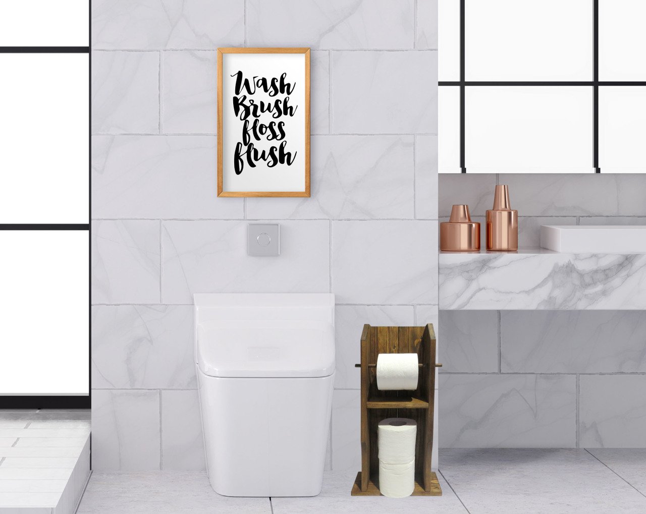 BK Home Doğal Masif Ahşap Tuvalet Kağıtlığı ve Dekoratif Retro Ahşap Tablo Seti-1
