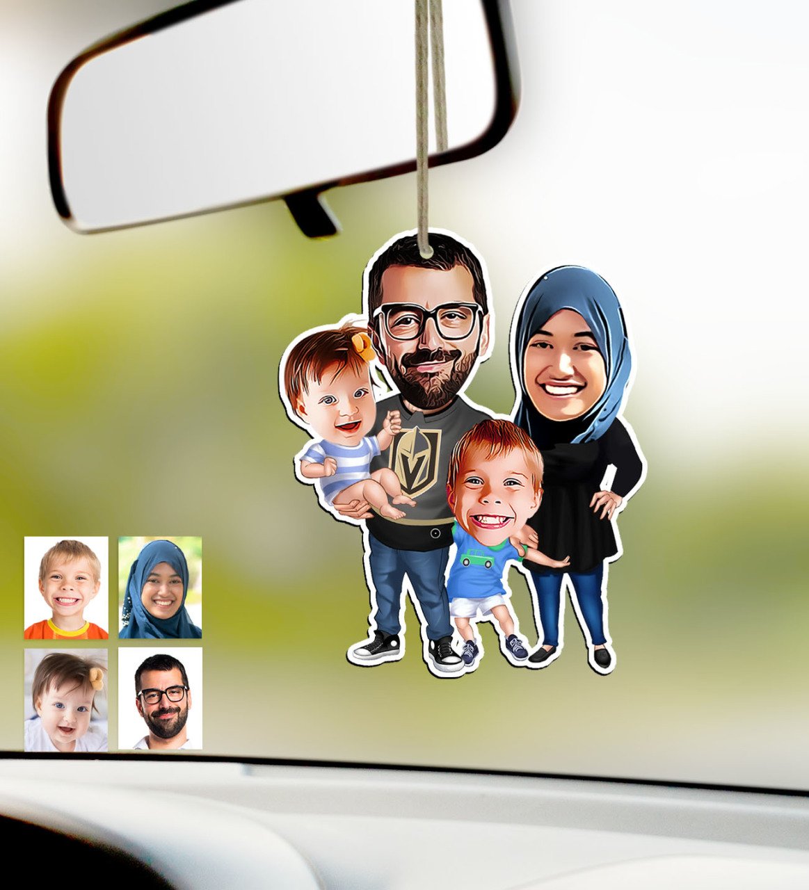 Kişiye Özel Aile Karikatürlü Ahşap Araba Dikiz Ayna Süsü-3