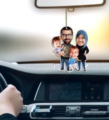 Kişiye Özel Aile Karikatürlü Ahşap Araba Dikiz Ayna Süsü-3