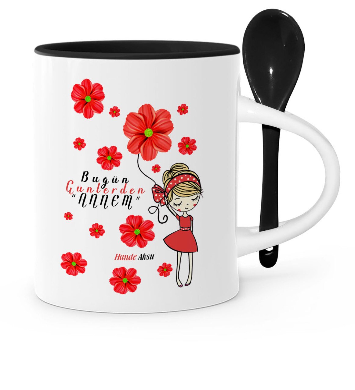Kişiye Özel Bugün Günlerden Annem Siyah Kaşıklı Kupa Bardak - 2