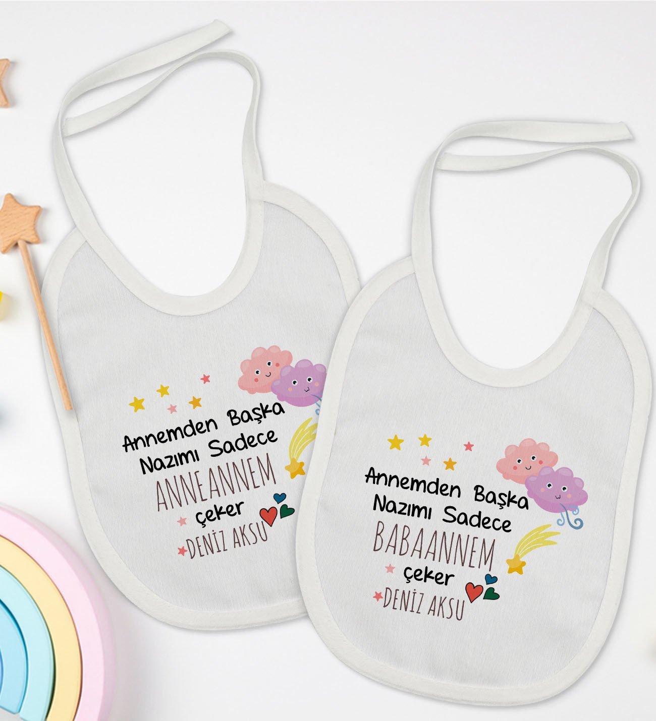 BK Kids Kişiye Özel Anneanne ve Babaanne Tasarımlı 2’li Beyaz Mama Önlüğü-1
