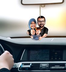 Kişiye Özel Aile Karikatürlü Ahşap Araba Dikiz Ayna Süsü-4