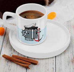BK Gift Kişiye Özel Sunum Tabaklı Denizci Tasarımlı Kahve Fincanı-1, Sevgiliye Hediye, Arkadaşa Hediye, Denizciye Hediye