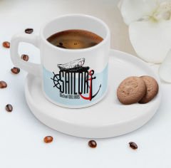 BK Gift Kişiye Özel Sunum Tabaklı Denizci Tasarımlı Kahve Fincanı-1, Sevgiliye Hediye, Arkadaşa Hediye, Denizciye Hediye