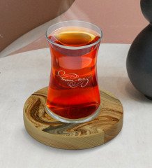 Kişiye Özel Mermer Tasarımlı Doğal Ahşap Tabaklı Heybeli Çay Bardağı Model 16