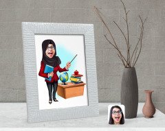 Kişiye Özel Tesettürlü Kadın Öğretmen Karikatürlü Dekoratif Çerçeve-1