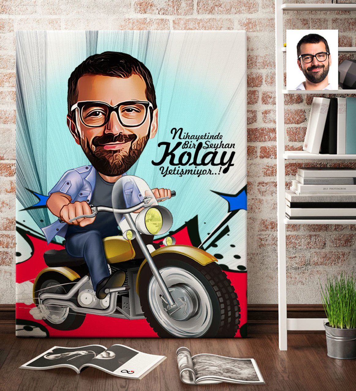Kişiye Özel Bay Motorcu Karikatür Kanvas Tablo (70 x 100 cm.) 1
