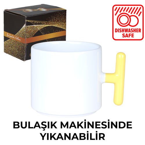 Sublimasyon Porselen T Sarı Kulplu Kupa - Kutulu