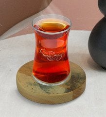 Kişiye Özel Mermer Tasarımlı Doğal Ahşap Tabaklı Heybeli Çay Bardağı Model 17