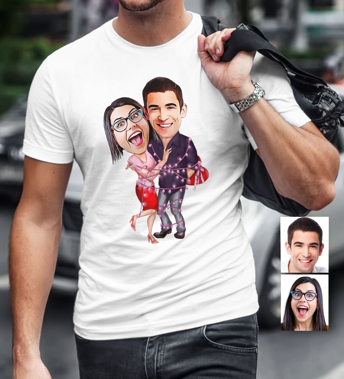 Kişiye Özel Sevgililer Karikatür Beyaz Erkek Tişört - 2