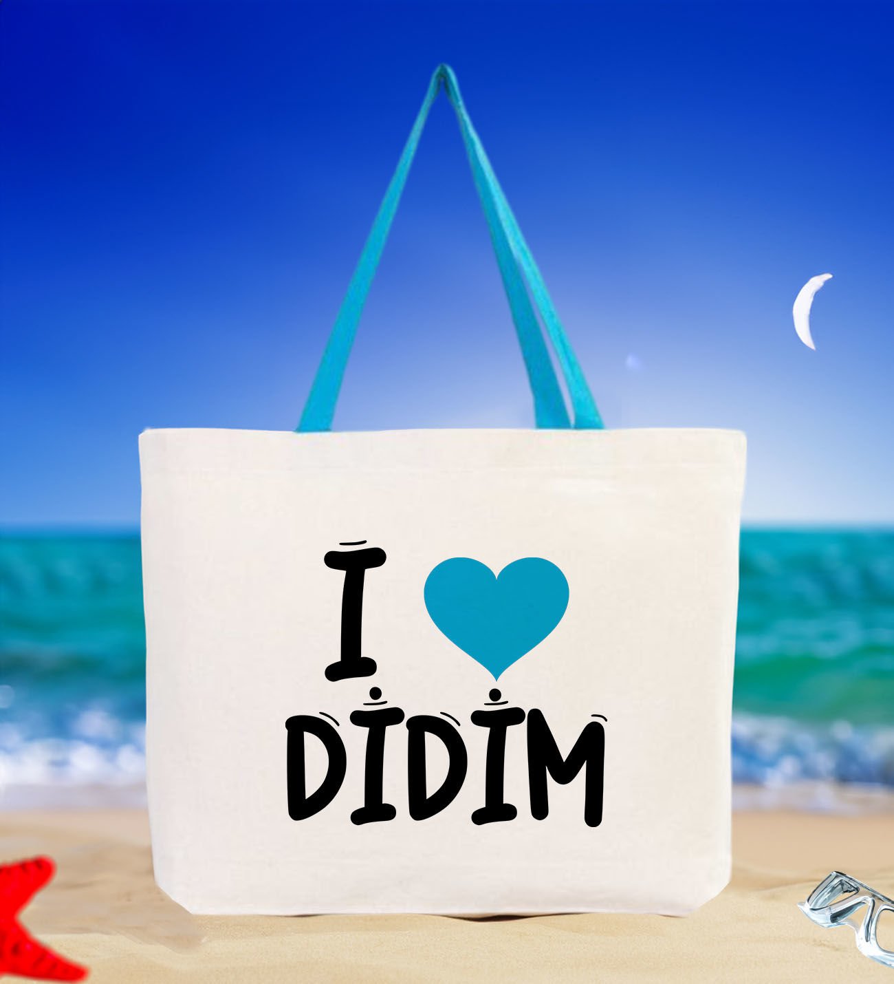 BK Gift I Love Didim Turkuaz Renkli Kulp Kanvas Plaj Çantası 48x40m, Baskılı Omuz Çantası, Alışveriş Çantası