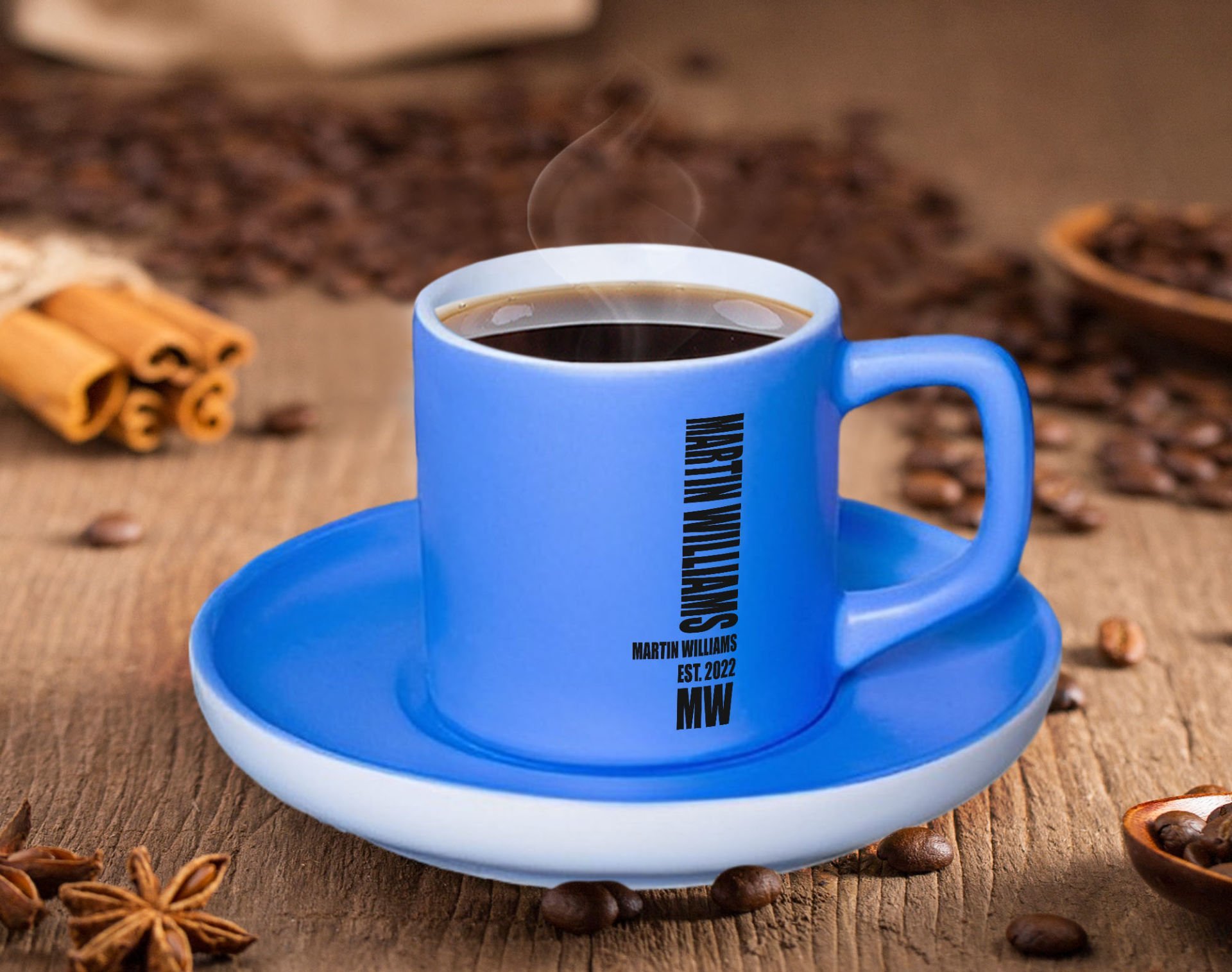 BK Gift Kişiye Özel Tarihli İsimli Mat Mavi Renk Türk Kahvesi Fincanı-9 Renkli Türk Kahvesi Fincanı, Arkadaşa Hediye, Anneye Hediye, Kahve Fincanı