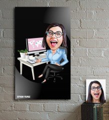 Kişiye Özel Bayan Genel Müdür Karikatür Ahşap Tablo - 1
