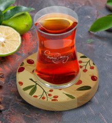 Kişiye Özel Meyve Tasarımlı Doğal Ahşap Tabaklı Heybeli Çay Bardağı Model 1