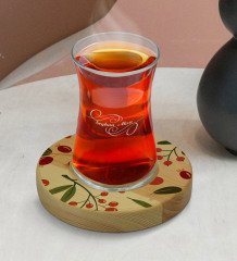 Kişiye Özel Meyve Tasarımlı Doğal Ahşap Tabaklı Heybeli Çay Bardağı Model 1