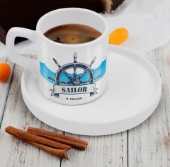 BK Gift Kişiye Özel Sunum Tabaklı Denizci Tasarımlı Kahve Fincanı-5, Sevgiliye Hediye, Arkadaşa Hediye, Denizciye Hediye