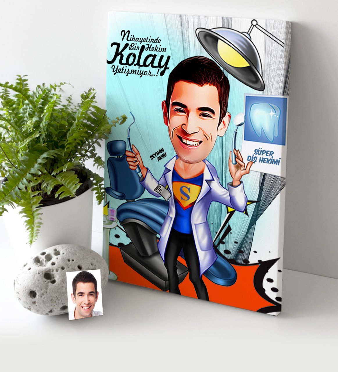 Kişiye Özel Bay Diş Hekimi Karikatür Kanvas Tablo (30 x 50 cm.) 1