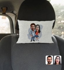 Kişiye Özel Sevgililer Karikatürlü Dikdörtgen Araç Koltuk Yastığı-105