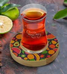 Kişiye Özel Meyveler Tasarımlı Doğal Ahşap Tabaklı Heybeli Çay Bardağı Model 1