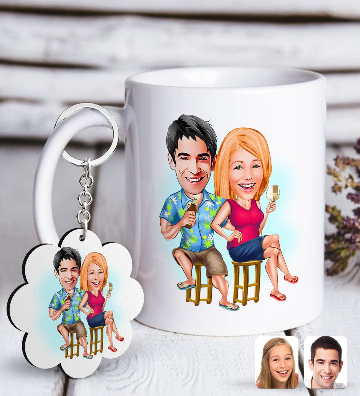 Kişiye Özel Sevgililer Karikatürlü Beyaz Kupa ve Anahtarlık Hediye Seti-51