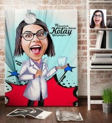 Kişiye Özel Bayan Diş Hekimi Karikatür Kanvas Tablo (70 x 100 cm.) 2