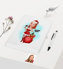 Kişiye Özel Yılbaşı Temalı Bayan Karikatürlü Beyaz Defter Kalem Seti - 1