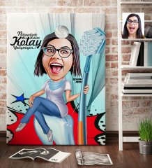 Kişiye Özel Bayan Diş Hekimi Karikatür Kanvas Tablo (70 x 100 cm.) 3