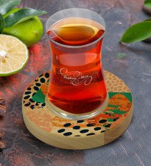 Kişiye Özel Modern Art Tasarımlı Doğal Ahşap Tabaklı Heybeli Çay Bardağı Model 1