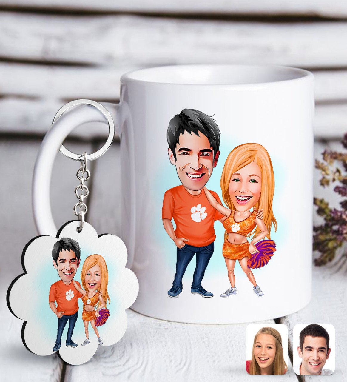 Kişiye Özel Sevgililer Karikatürlü Beyaz Kupa ve Anahtarlık Hediye Seti-54