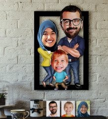 Kişiye Özel Tesettürlü Aile Karikatürlü 3D Ahşap Tablo-1