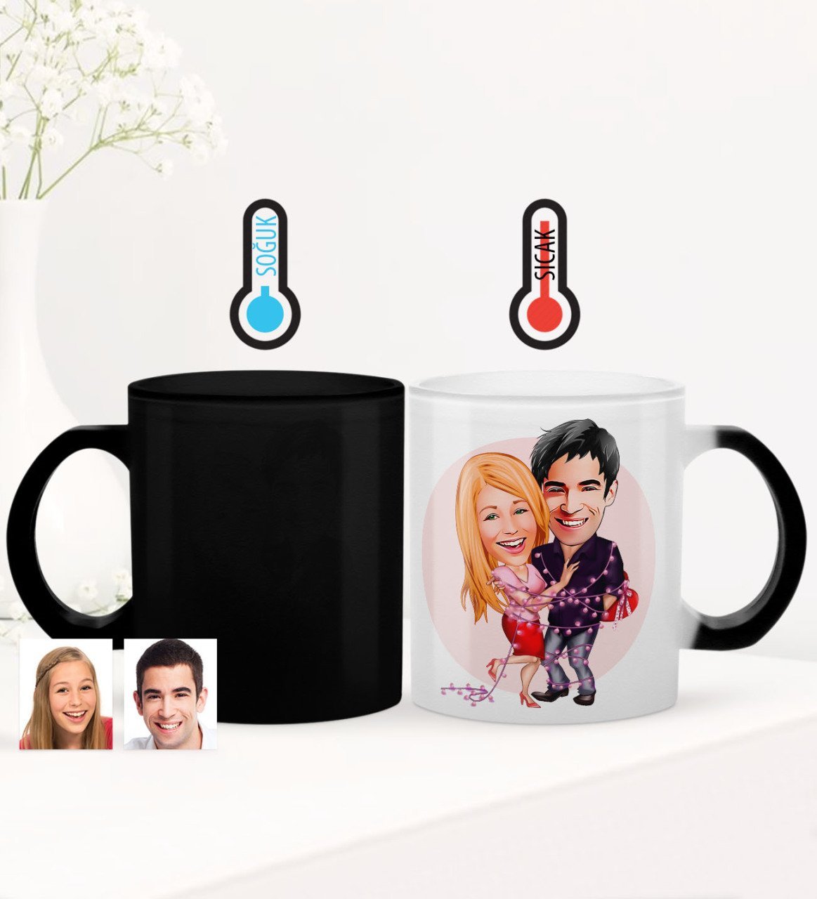 Kişiye Özel Sevgililer Karikatürlü Sihirli Cam Kupa Bardak - 2