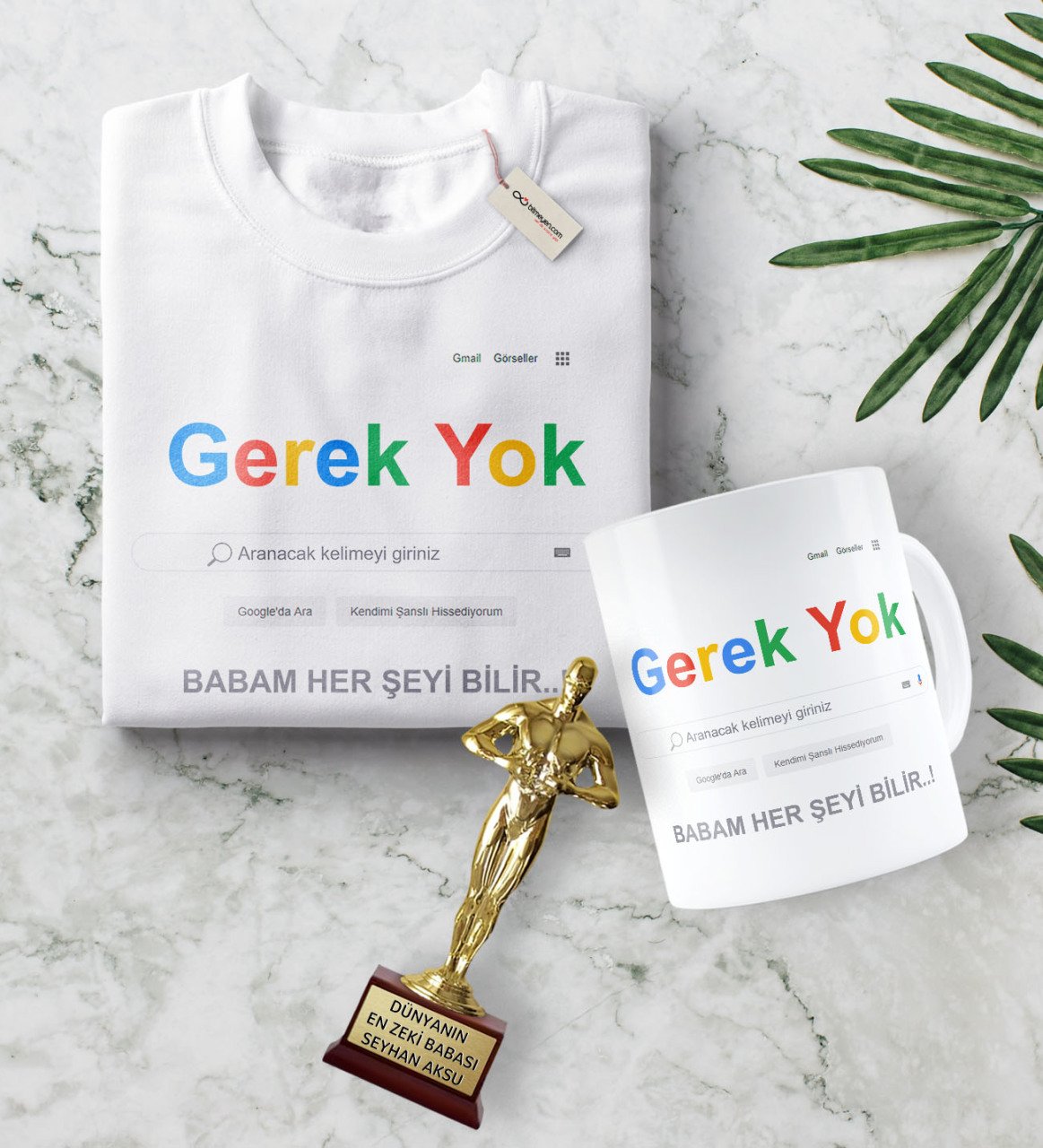 Kişiye Özel Google Babam Her Şeyi Bilir Tişört Kupa Oscar Ödülü Hediye Seti