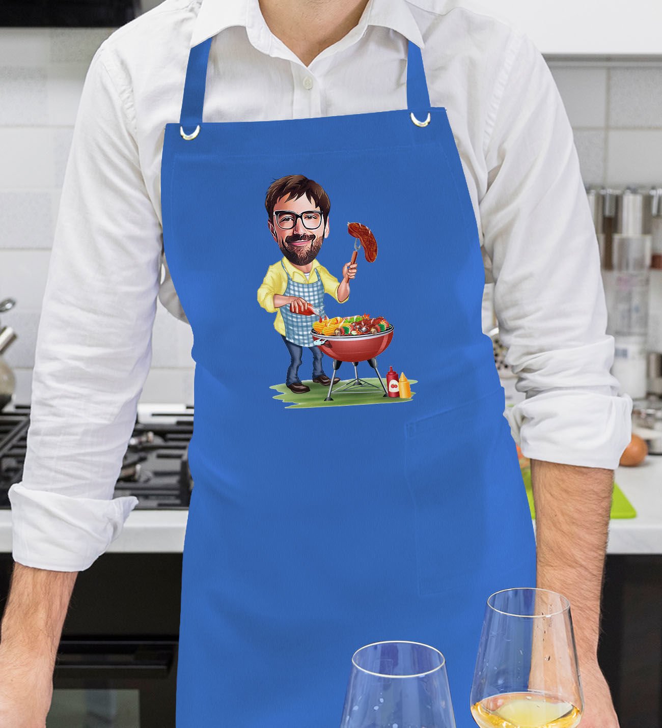 BK Gift Kişiye Özel Erkek Barbekü Karikatürlü Profesyonel Saks Mavi Mutfak Önlüğü, Aşçı Önlüğü, Şef Önlüğü, Arkadaşa Hediye-1