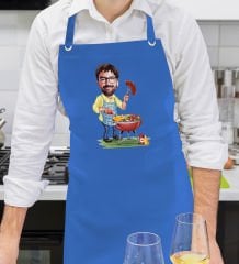 BK Gift Kişiye Özel Erkek Barbekü Karikatürlü Profesyonel Saks Mavi Mutfak Önlüğü, Aşçı Önlüğü, Şef Önlüğü, Arkadaşa Hediye-1