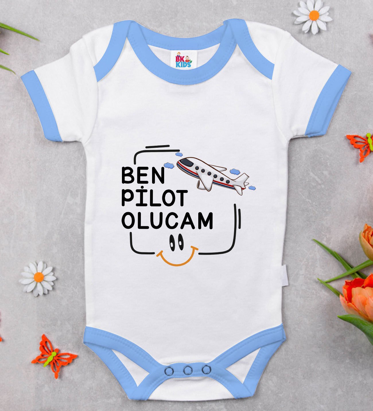 BK Kids Pilot Olucam Tasarımlı Mavi Bebek Body Zıbın-1