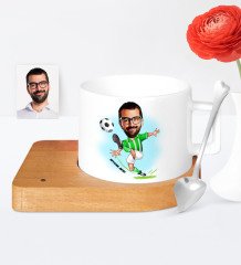 Kişiye Özel Futbol Yeşil Beyaz Karikatür Ahşap Altlıklı Seramik Fincan - 1