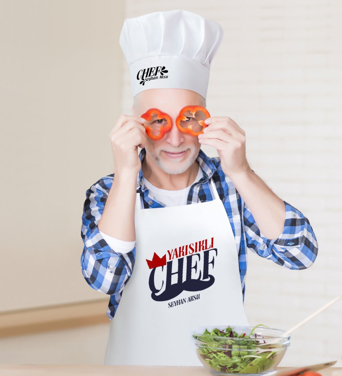 Kişiye Özel Yakışıklı Chef Erkek Mutfak Önlüğü ve Aşçı Şapkası Seti