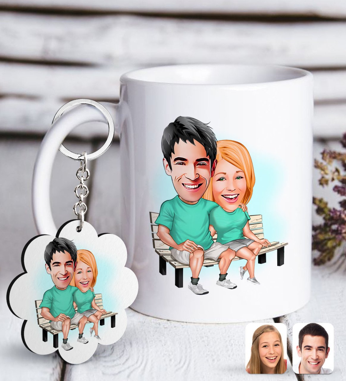 Kişiye Özel Sevgililer Karikatürlü Beyaz Kupa ve Anahtarlık Hediye Seti-55